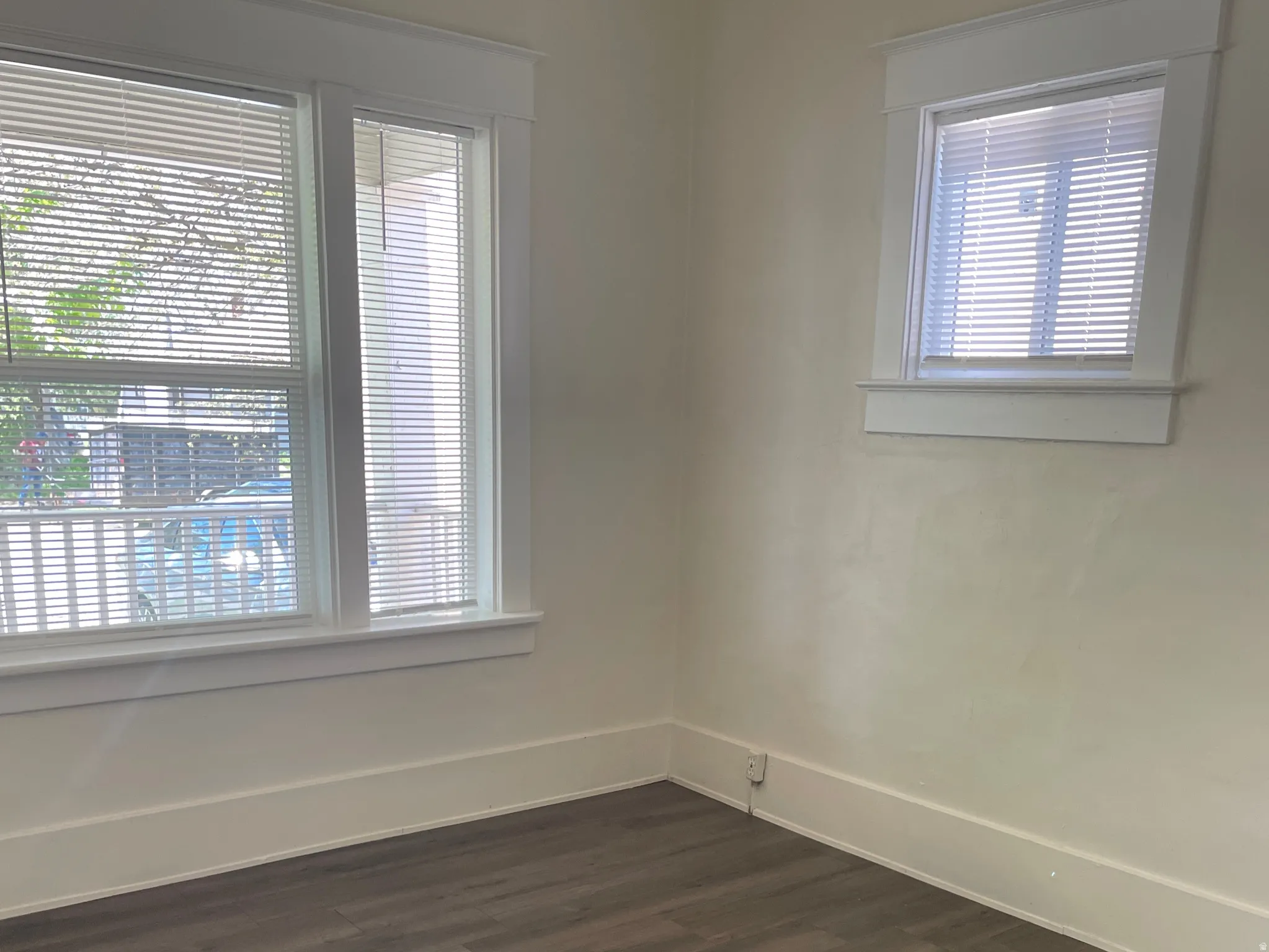 Room featuring wood-finish flooring, two windows with blinds, white trim, and light-toned walls