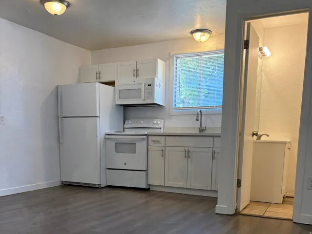 Open-concept living space featuring wood-finish flooring