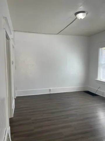 Spacious interior room featuring wood-finish flooring, white baseboards, and a white ceiling with a flush-mount light fixture
