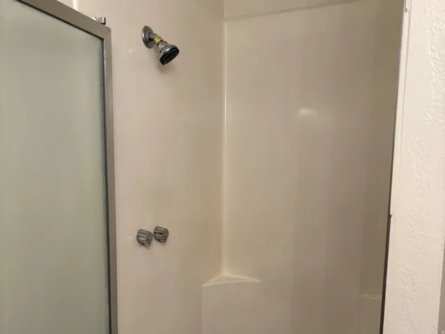 Enclosed shower with a chrome showerhead and control handles, featuring an integrated corner shelf and a sliding frosted glass door