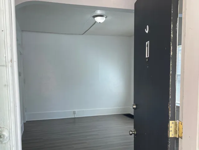 Entryway featuring wood-finish flooring, white painted walls, and a ceiling-mounted light fixture