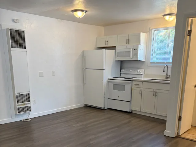Open-concept living area with wood-finish flooring