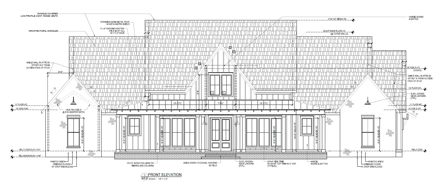Architectural Blueprint, Front Elevation. Illustrating the exterior design and structural components of the property