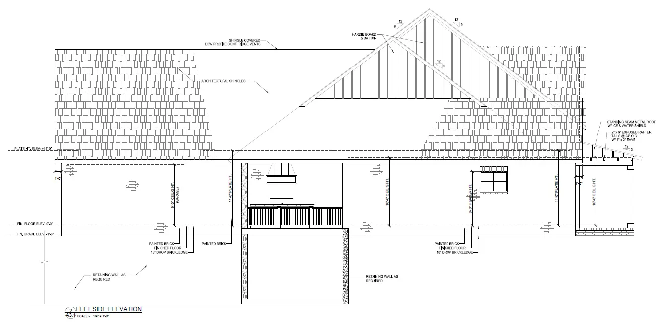 Architectural Drawing, Left Side Elevation. Depicting the side profile
