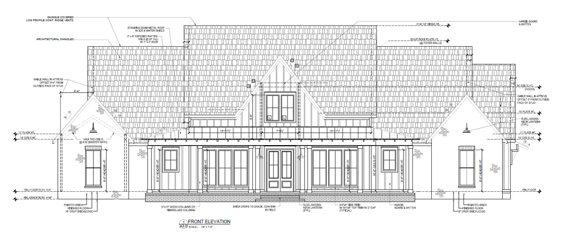 Architectural Blueprint, Front Elevation. Illustrating the exterior design and structural components of the property