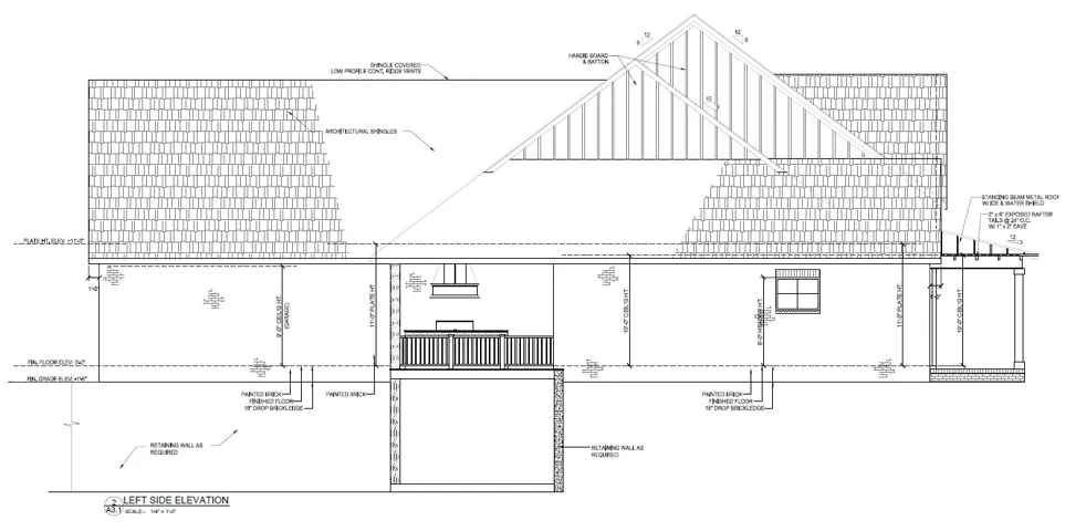 Architectural Drawing, Left Side Elevation. Depicting the side profile