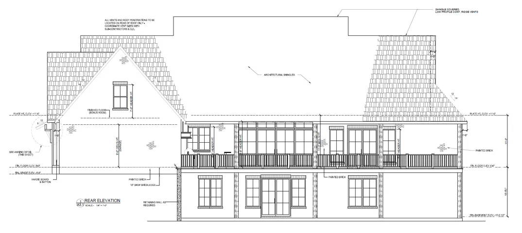 Architectural Drawing, Rear Elevation. Presenting the rear architectural facade of the property including dimensions and material notations