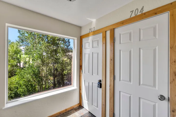 Large picture window featuring a verdant tree canopy