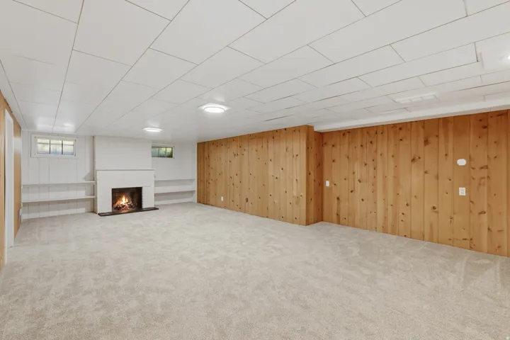 Spacious room featuring a central white fireplace, light-toned carpeting, and wood paneling on one wall
