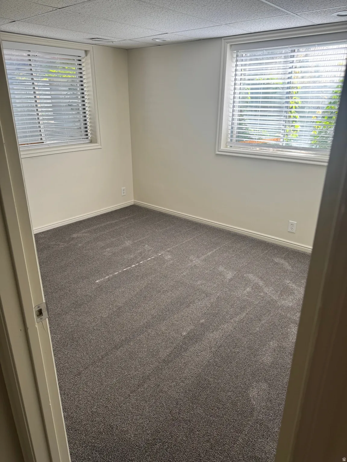 Neutral wall paint, two windows with blinds, gray carpet flooring, and a drop ceiling with recessed lighting