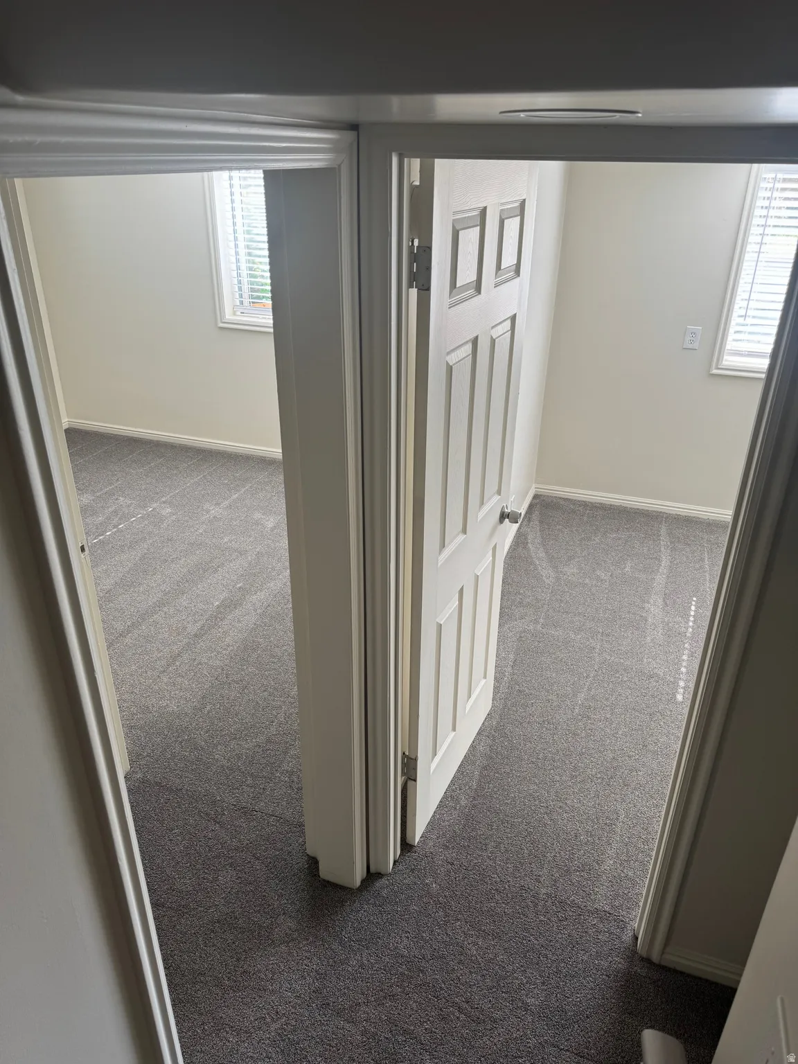 Corridor with neutral wall paint and gray carpeting, featuring two doorways with white trim and paneled doors