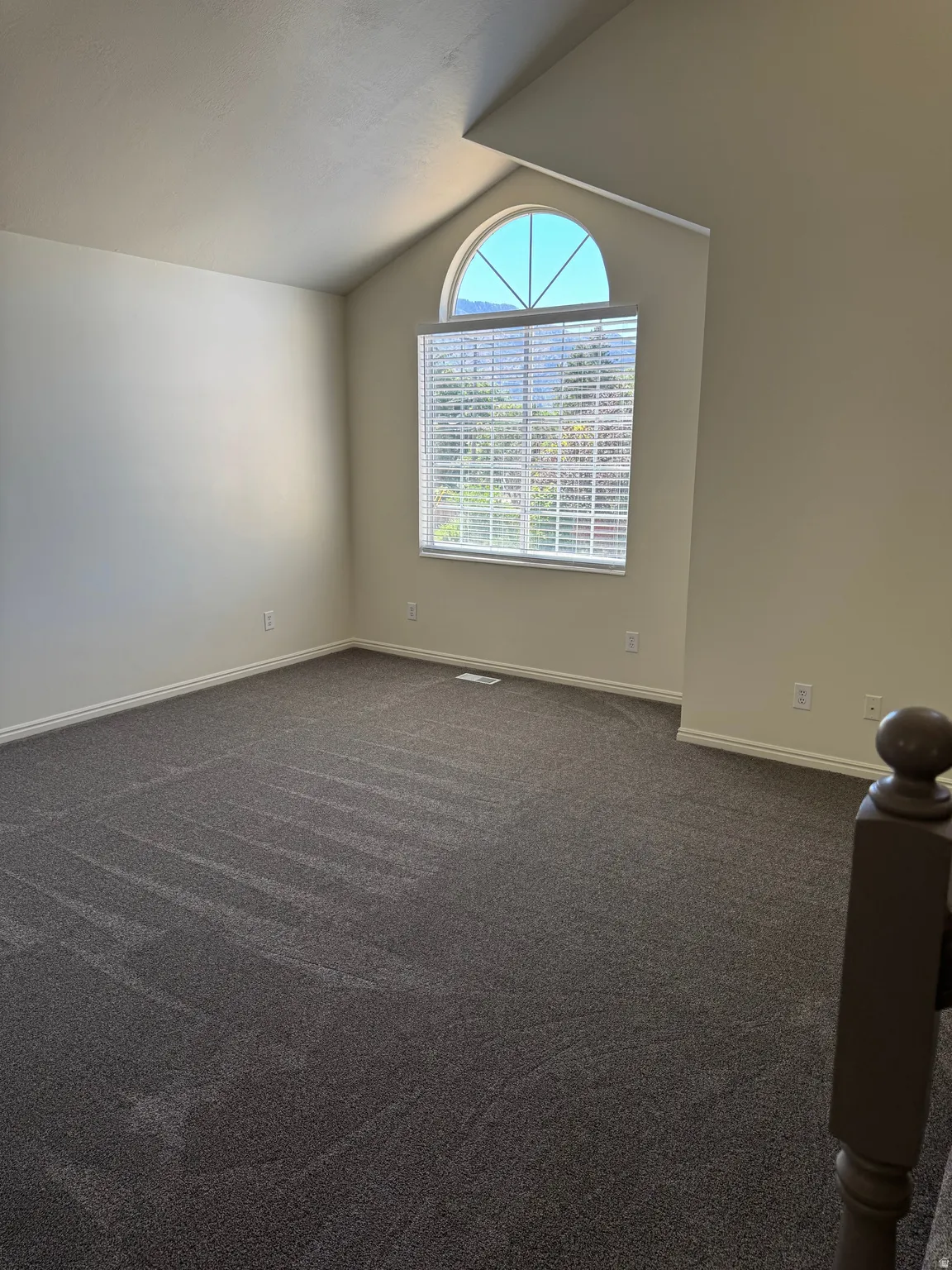 Spacious room featuring vaulted ceilings, a large arched-top window, and dark carpet flooring