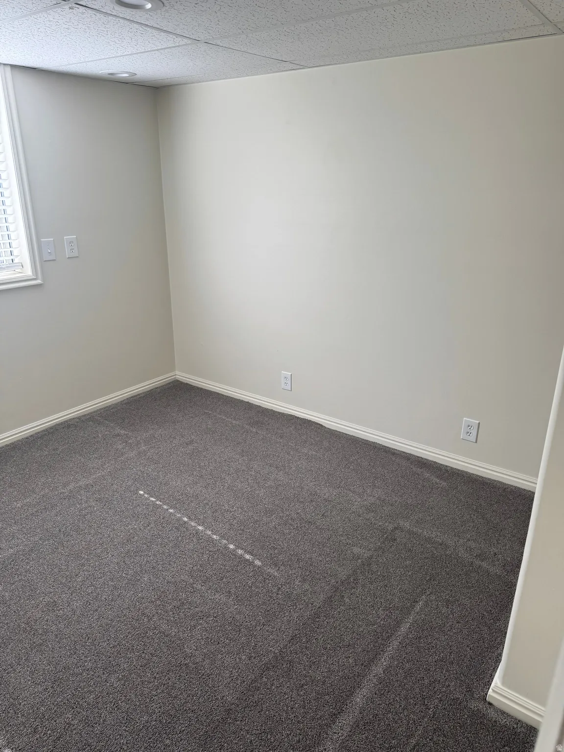 Neutral wall finishes complement the dark gray carpeting