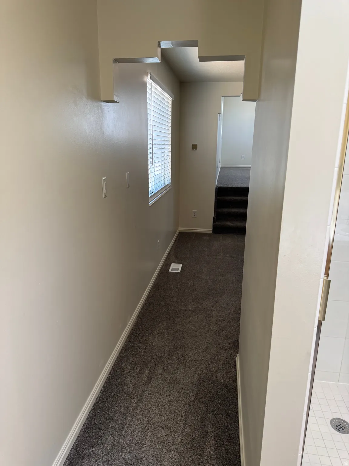 Interior hallway featuring light-colored walls and dark carpet flooring