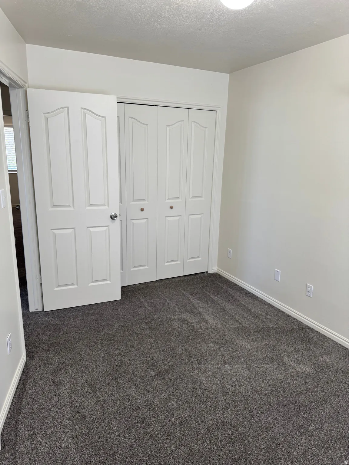 Neutral-toned walls complement the dark gray carpet flooring