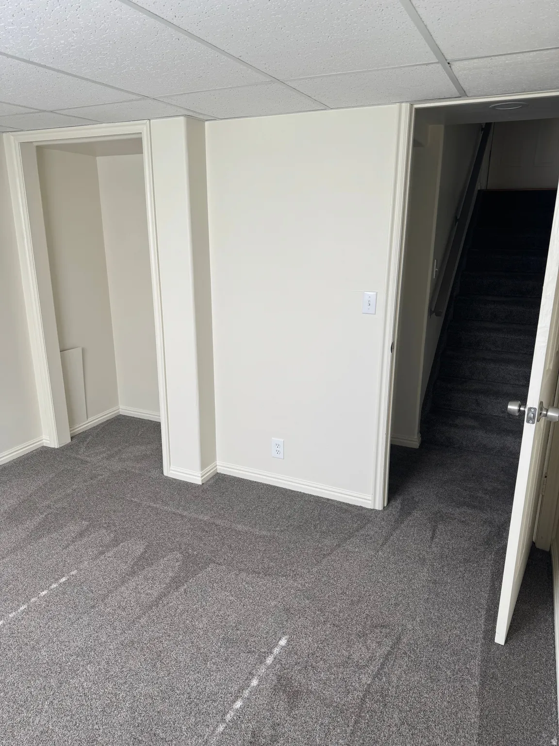 Textured gray carpeting throughout, featuring white baseboards and trim