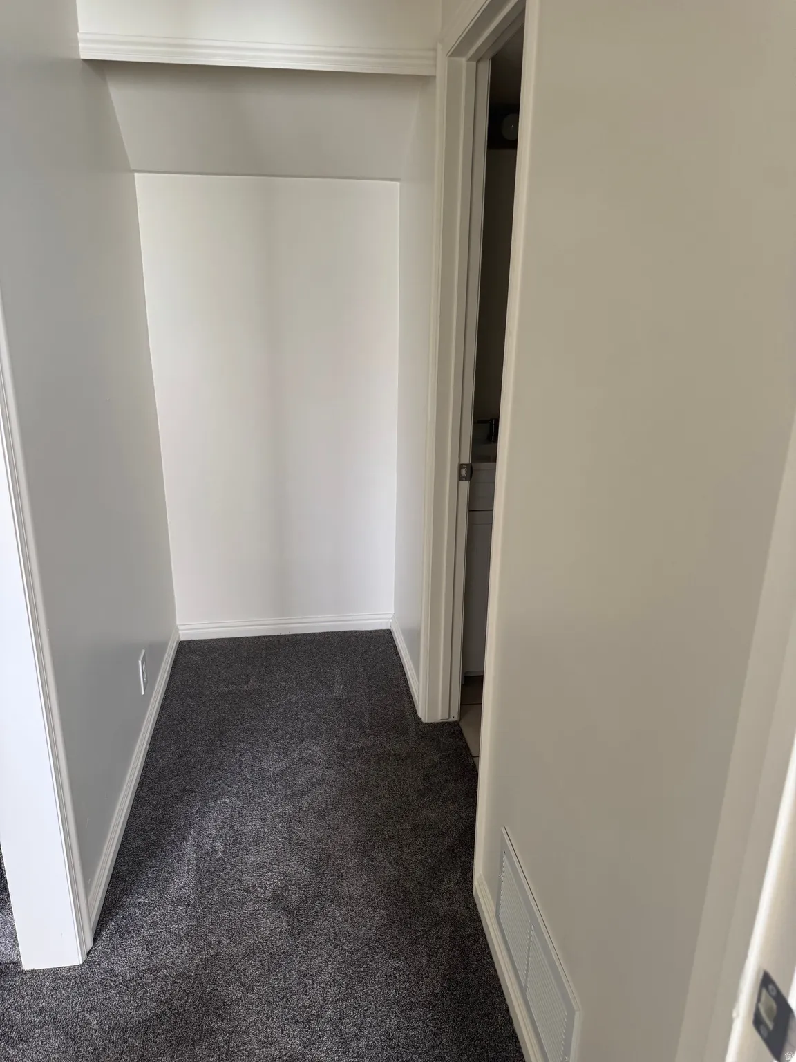 Recessed closet area featuring white walls and dark gray carpet flooring