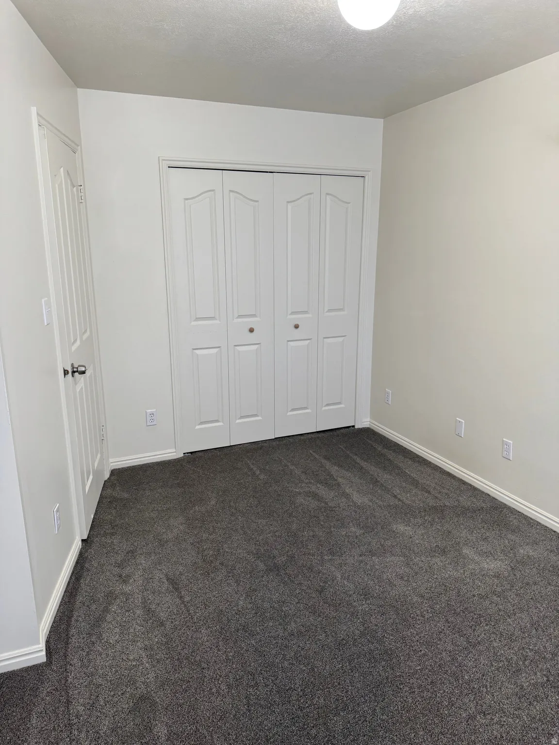 Room featuring dark gray carpeting, white walls, and a white bi-fold closet door
