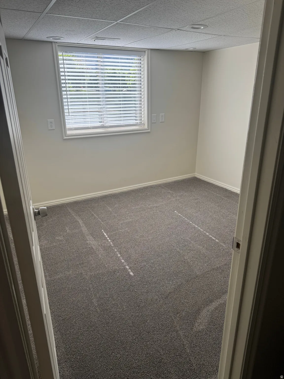 Room featuring neutral-toned walls and grey carpeting