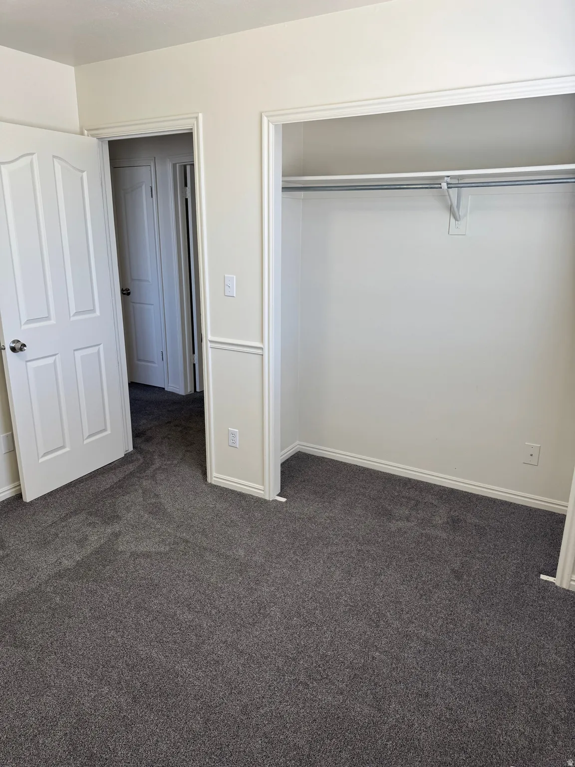 Room with plush gray carpeting, white baseboards, and neutral wall paint