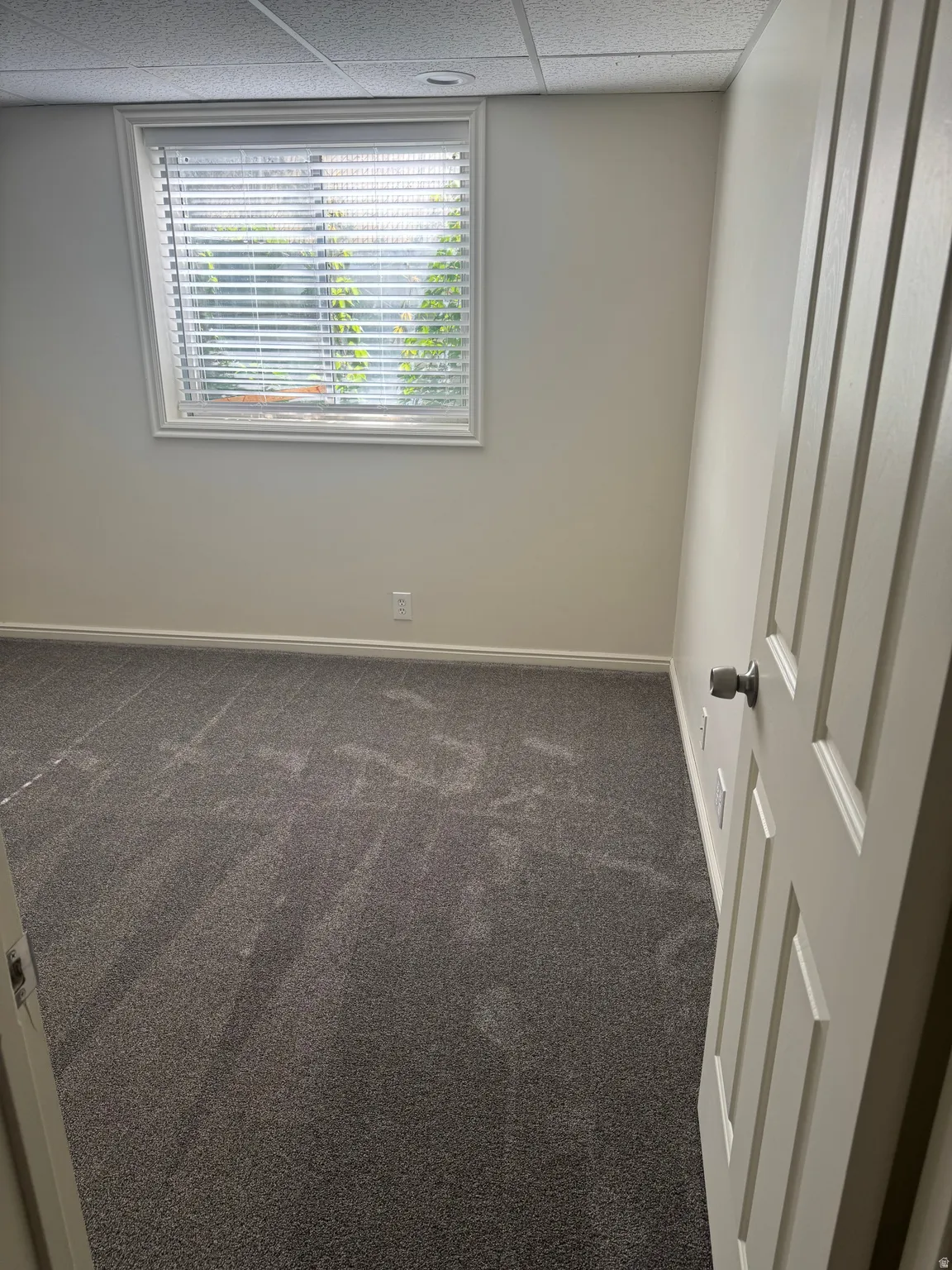 Room with light gray wall paint, gray carpet, a white framed window with blinds, and a white paneled door