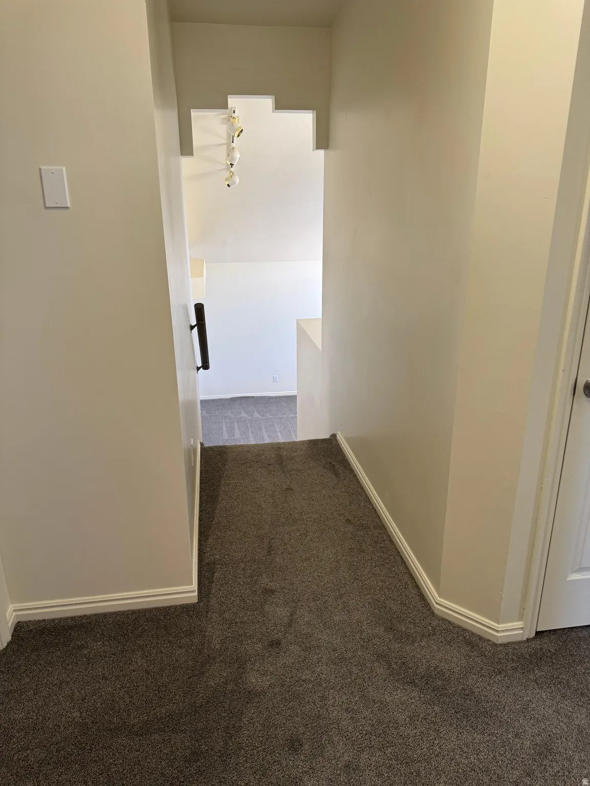 Carpeted hallway featuring baseboard molding, a white interior door, and a decorative light fixture