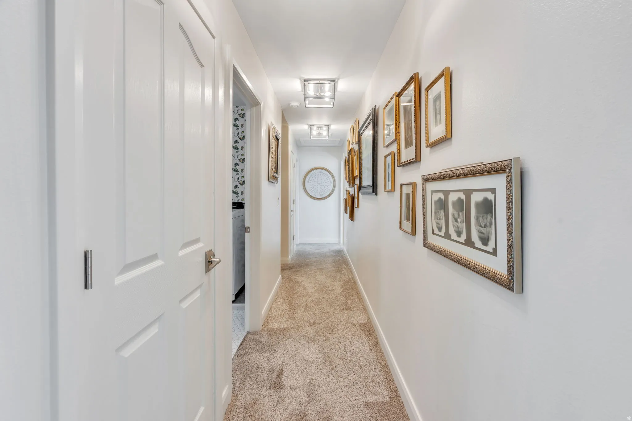 Well-lit hallway featuring light-toned carpeting and white walls