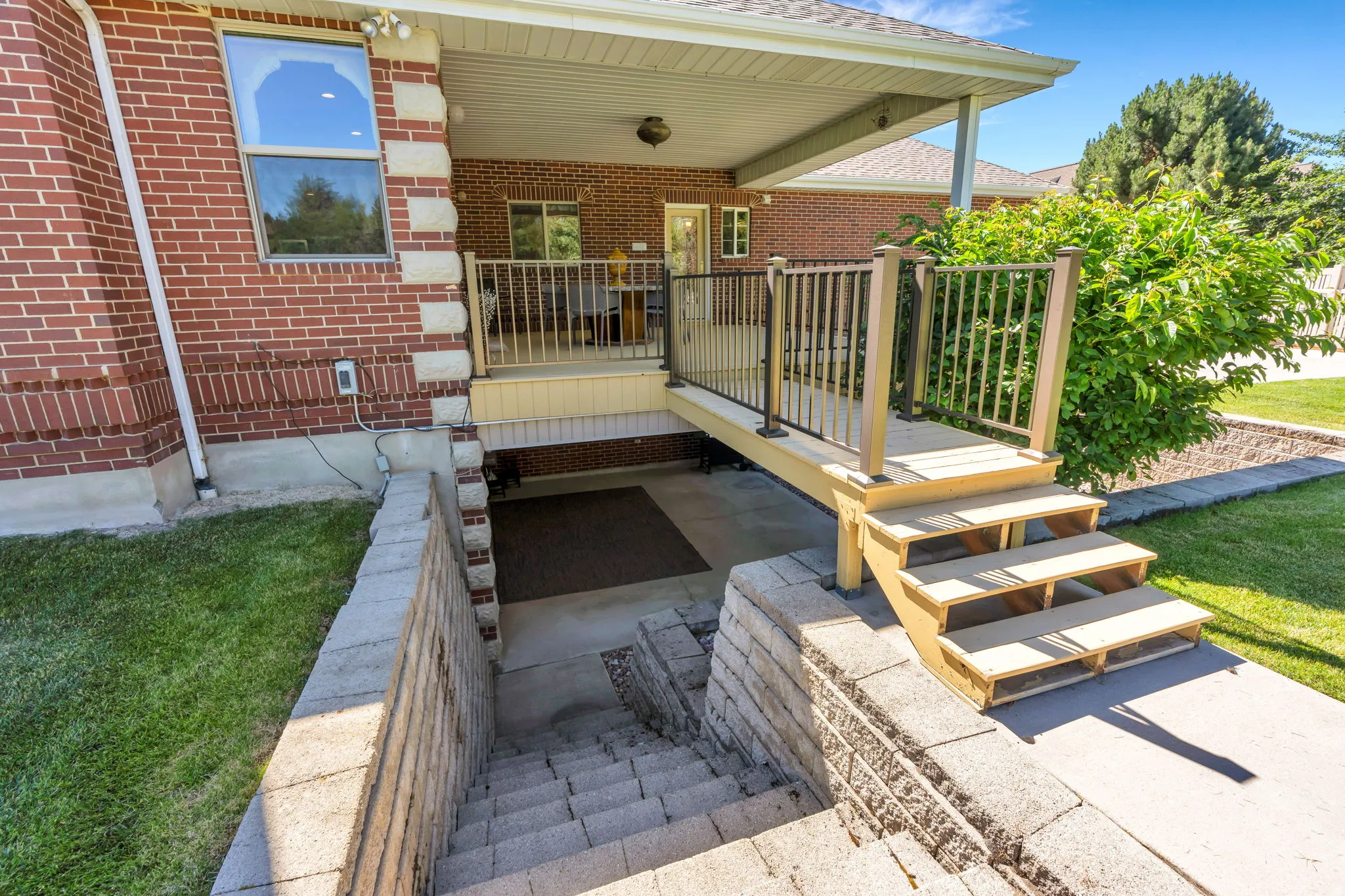Exterior brick facade with contrasting stone accents
