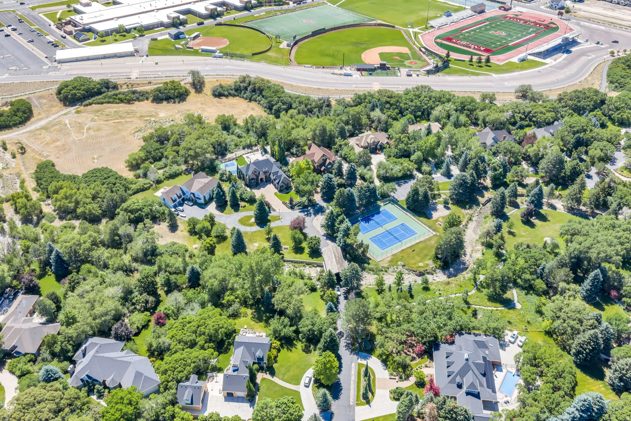 Aerial perspective showcasing a residential area with extensive mature landscaping