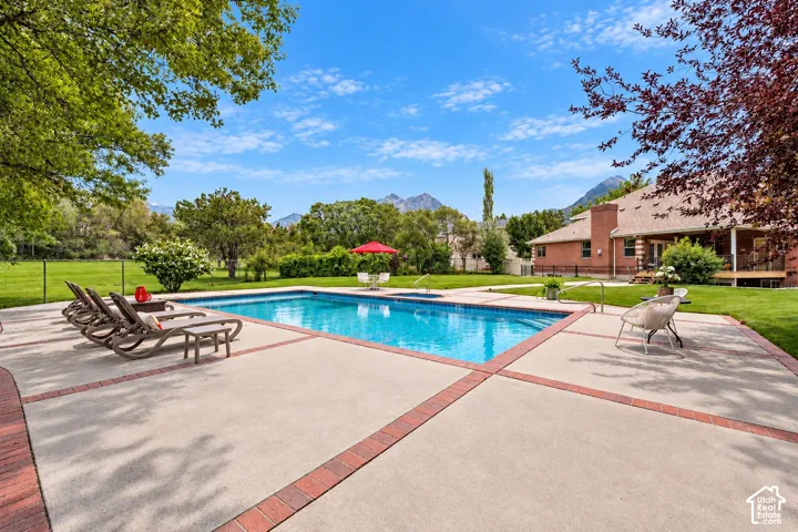 Expansive backyard featuring a large swimming pool with concrete decking, surrounded by a manicured lawn and mature trees