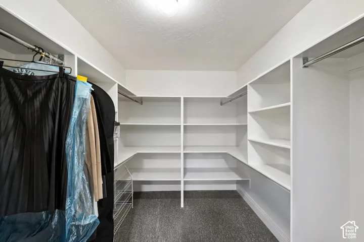 White built-in shelving, multiple hanging rods, wire shelving, and recessed lighting