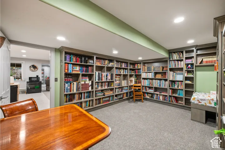 Built-in shelving, recessed lighting, and soft gray carpeting