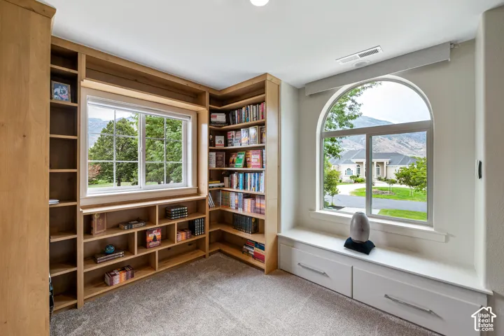 Built-in custom shelving, arched window, window seat with integrated storage, and plush carpet