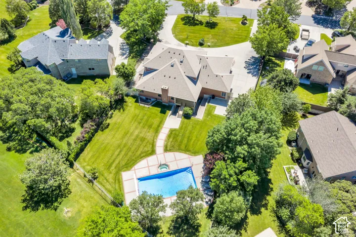 Expansive property featuring a large inground swimming pool with surrounding patio, a concrete driveway, and substantial green space with mature trees