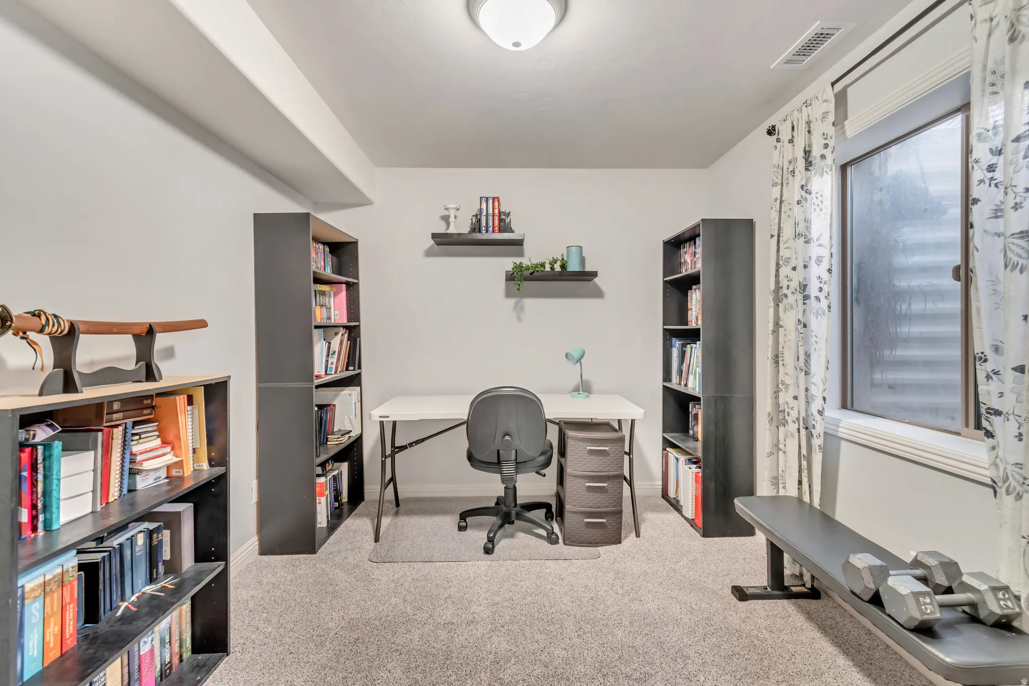 Carpeted room featuring a ceiling-mounted light fixture, recessed window, and white painted walls