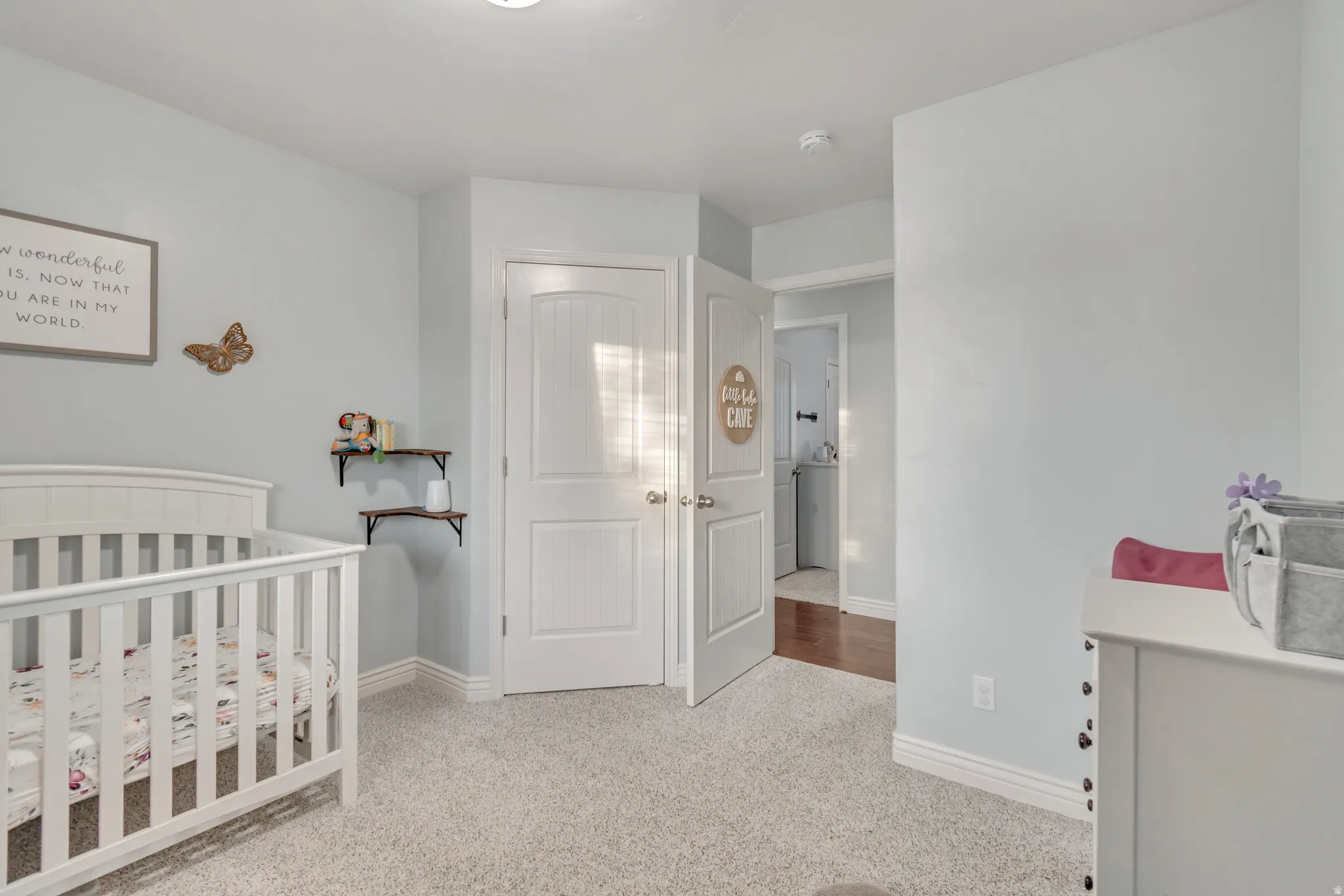 Carpeted room with light blue wall paint, white trim, and a white paneled door