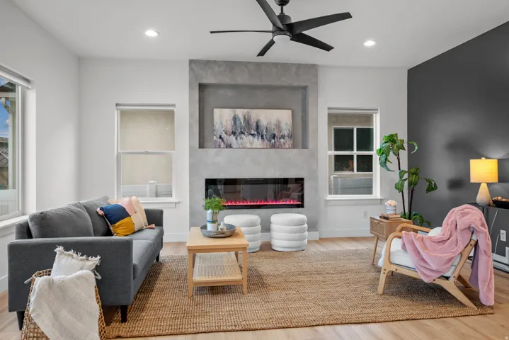 Family room with electric fireplace and LVP flooring