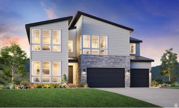Modern exterior featuring horizontal siding, natural stone accents, two attached garages with dark doors, and multiple large windows