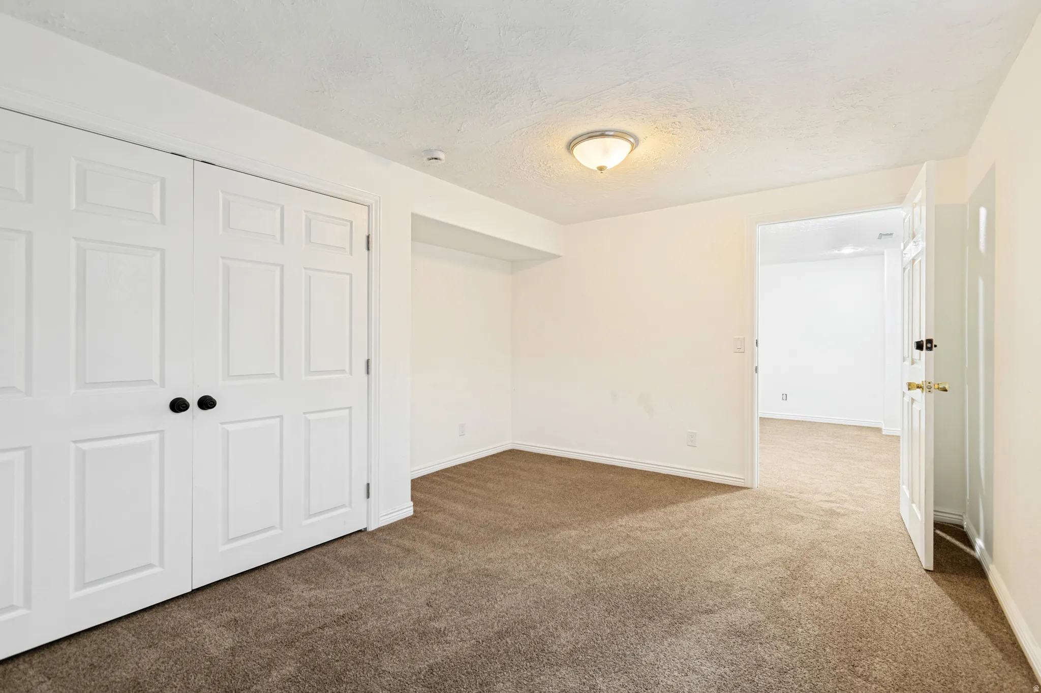 Room featuring light-colored walls and textured carpeting