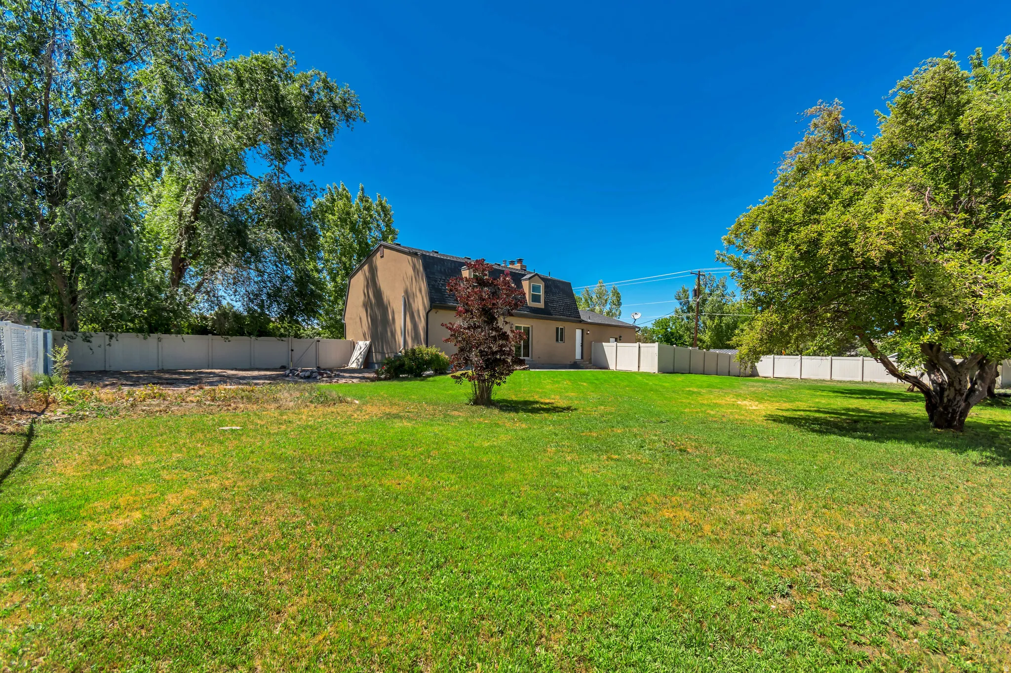 Spacious backyard featuring a manicured lawn, established trees, and a privacy fence enclosing the property