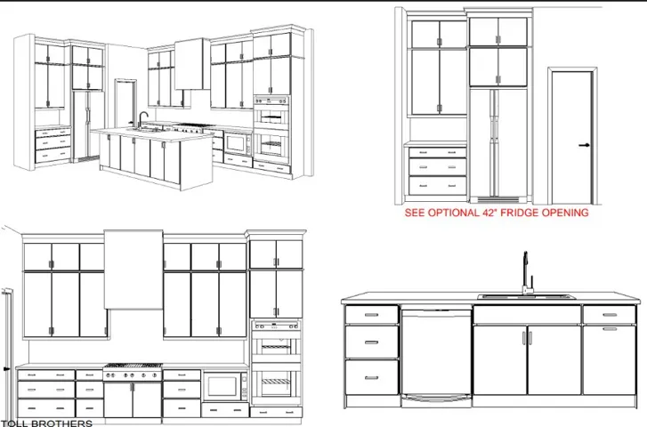 Architectural Drawing. Illustrating various perspectives and elevations of a kitchen layout, including appliance placements and cabinetry configurations