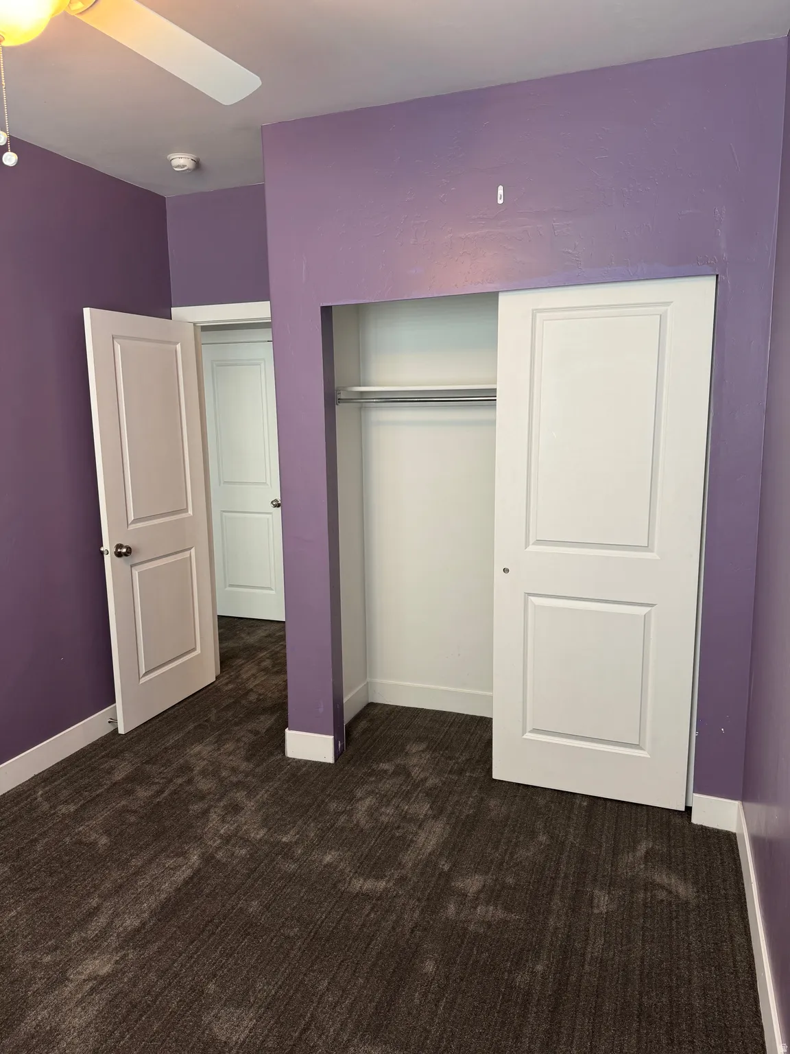 Room featuring purple-painted walls, textured brown carpeting, and white baseboards