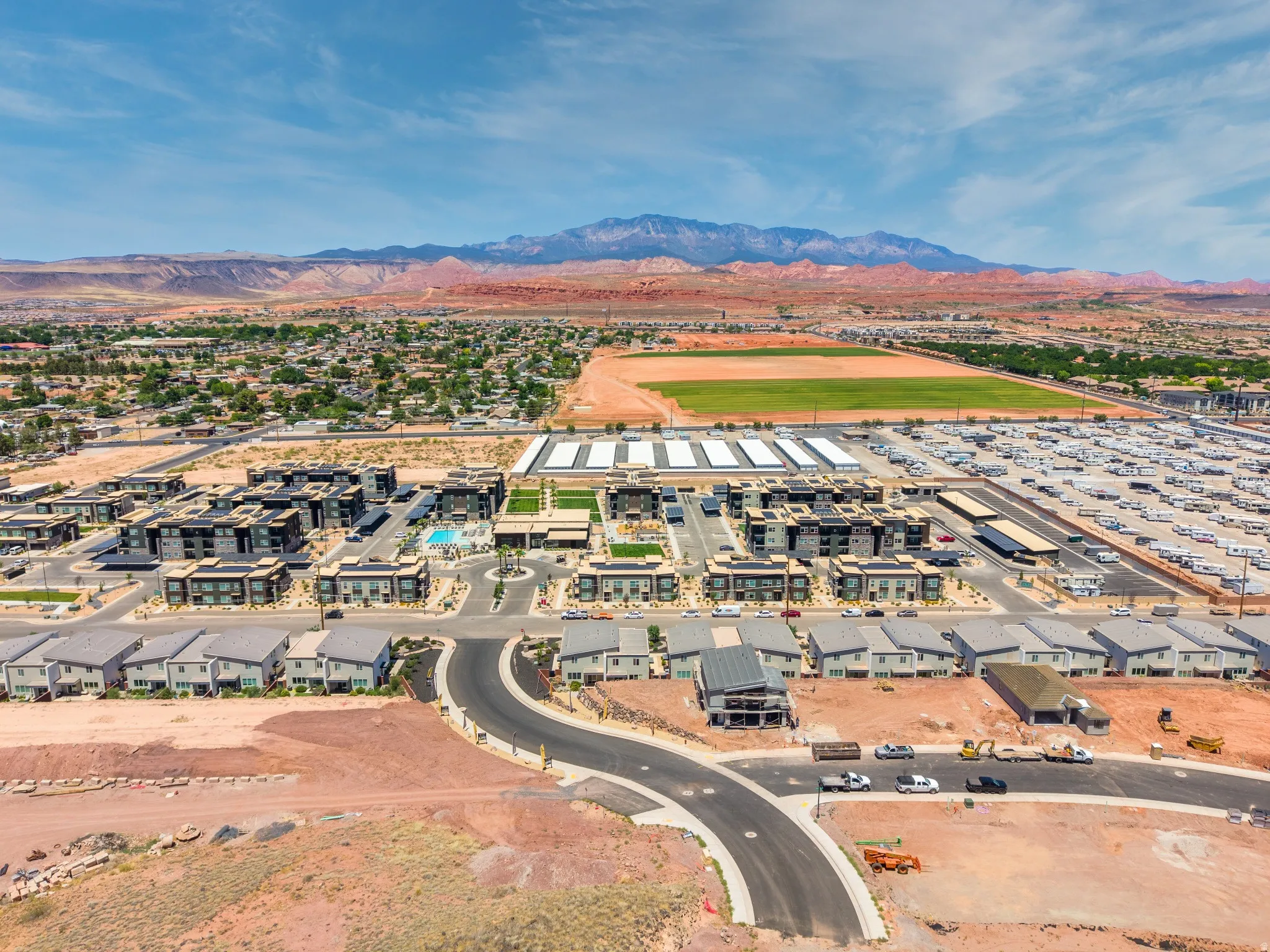 Aerial perspective showcasing a developing residential community with diverse housing styles