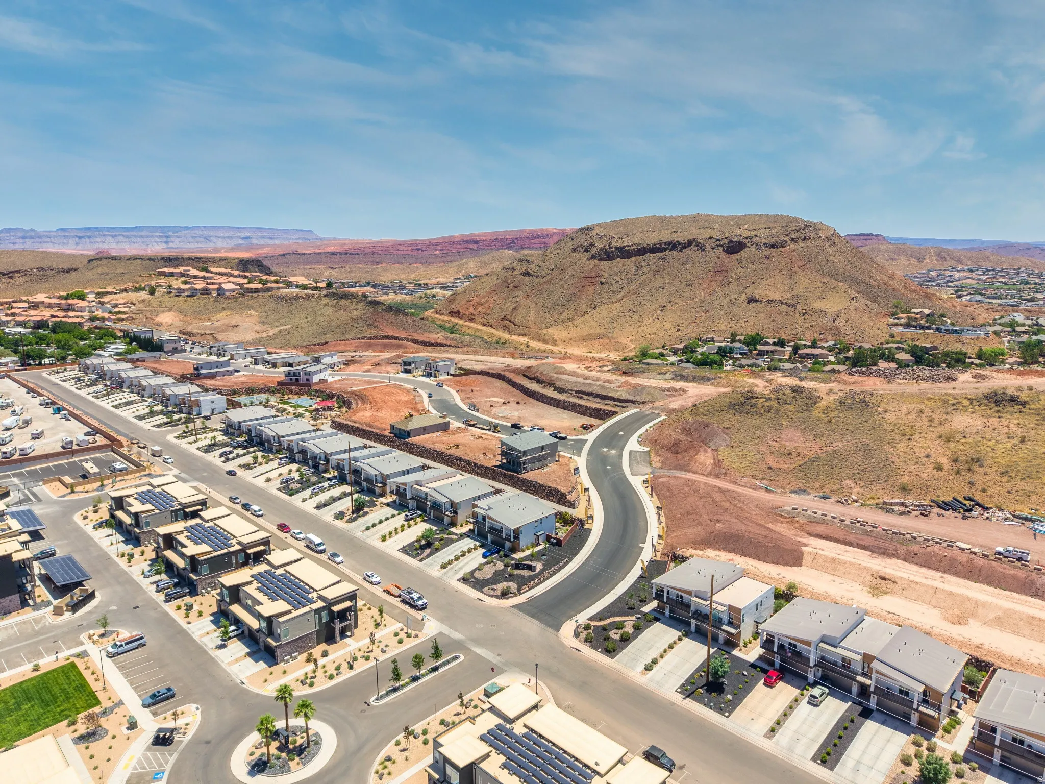 Aerial perspective showcasing a community of contemporary residential properties