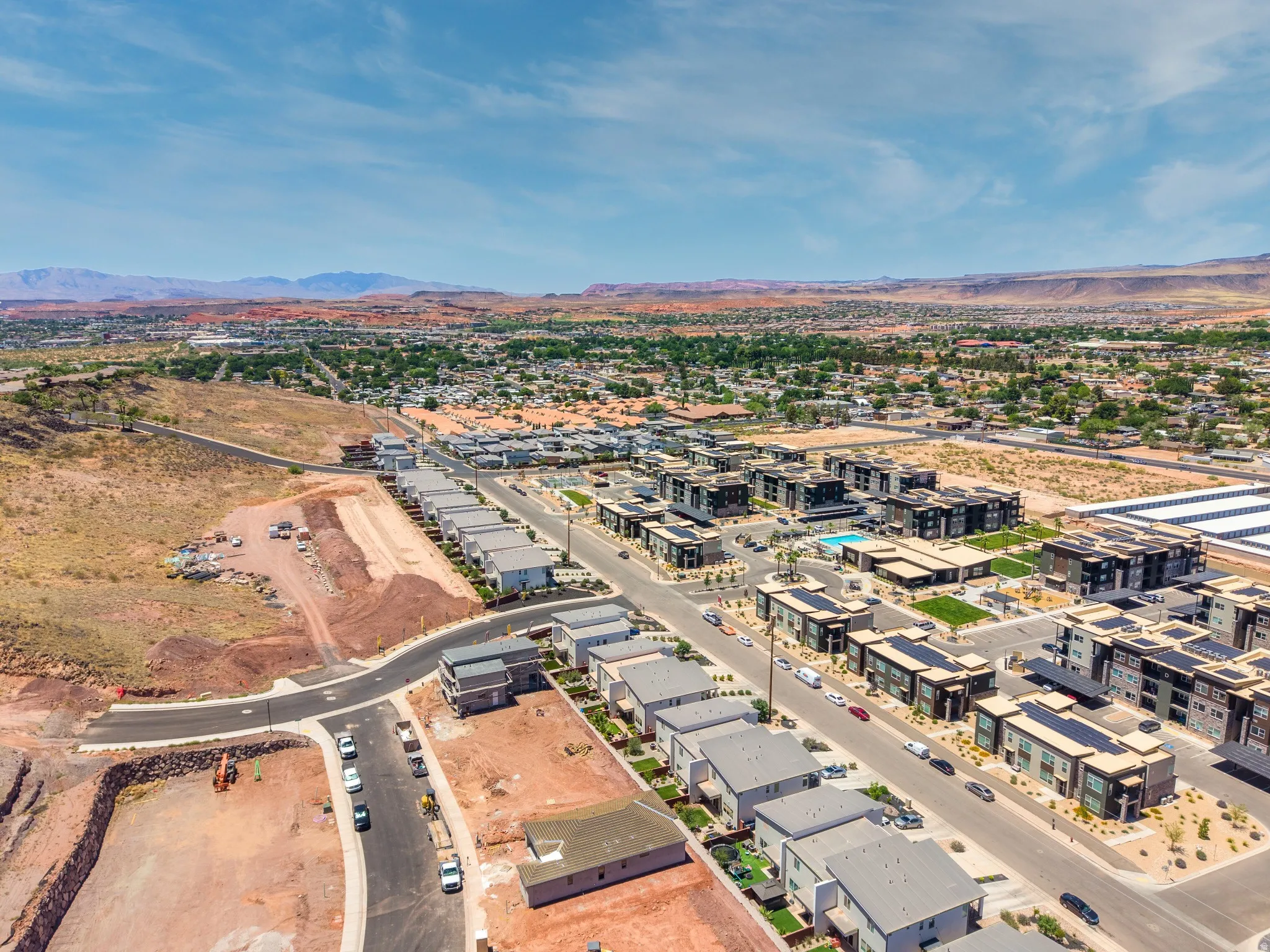 Aerial perspective showcasing a developing community with residential structures