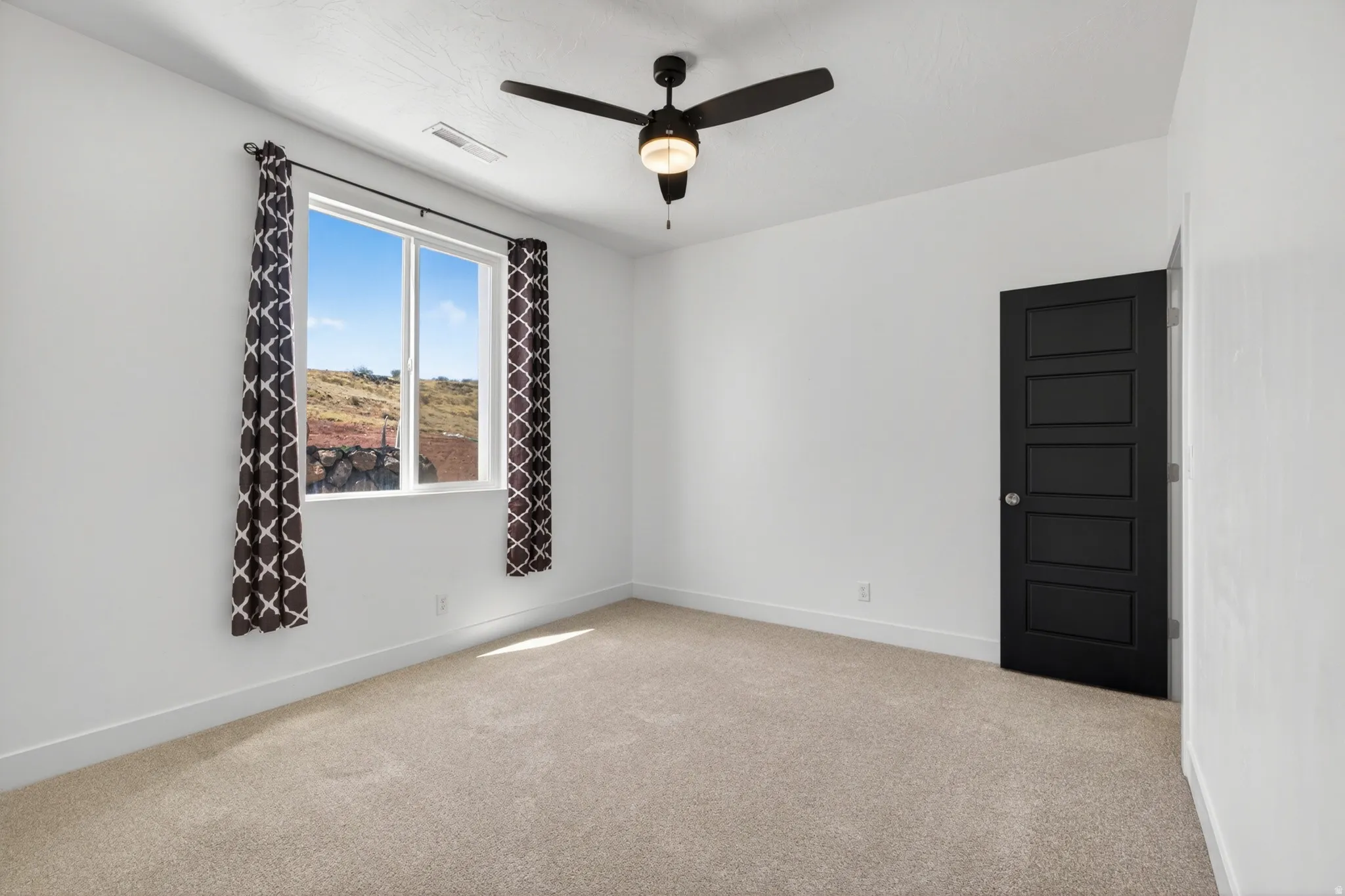 Room featuring light carpet flooring, a black paneled door, and a prominent window with dark patterned curtains