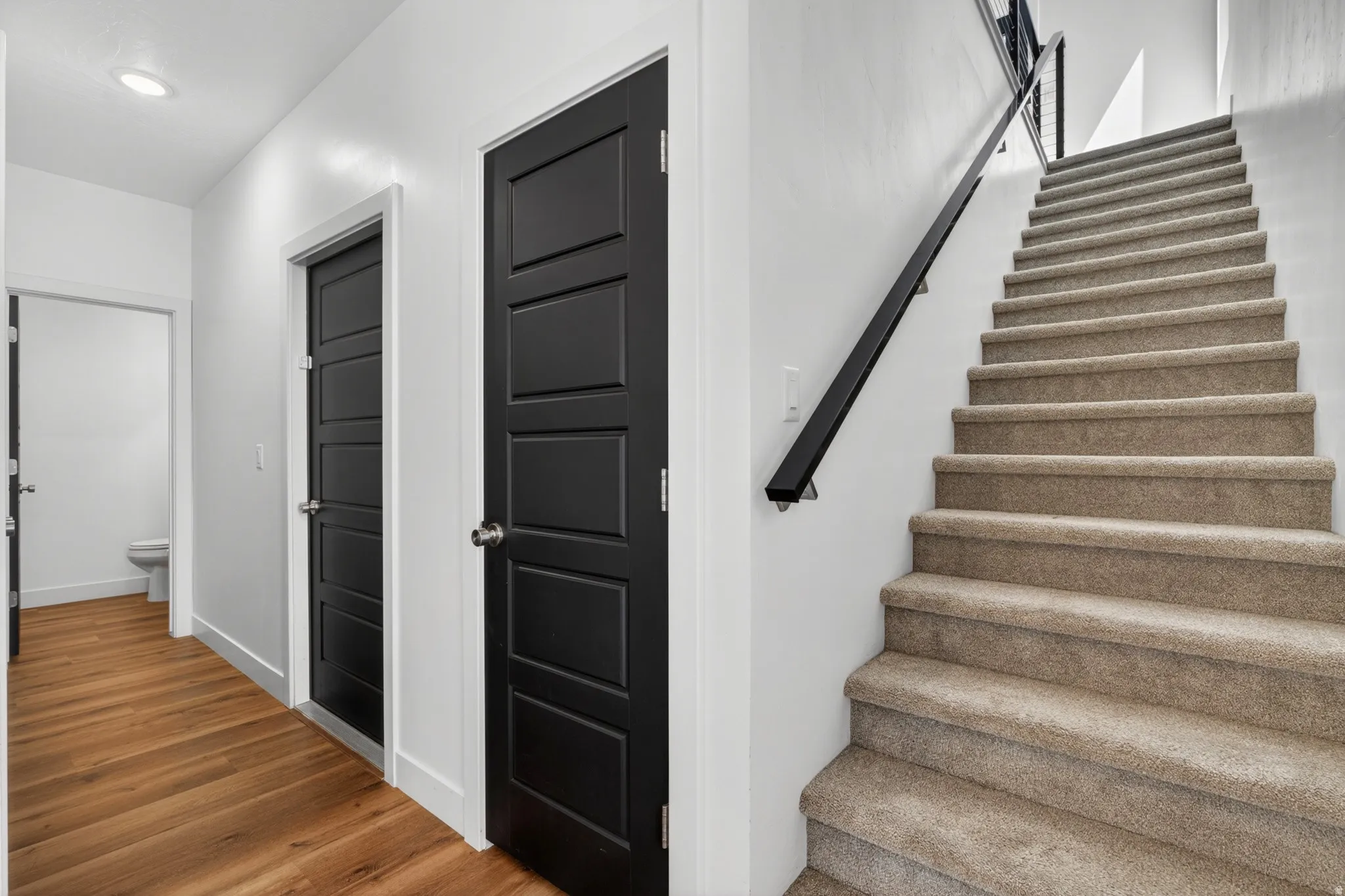 Carpeted staircase with black metal handrail