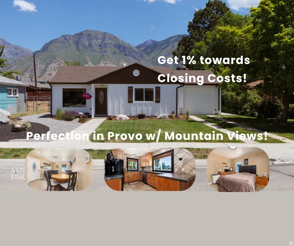 Real Estate Listing Advertisement. Displaying exterior and interior images of the property, with promotional text regarding closing costs