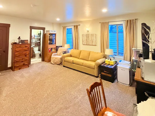 Carpeted flooring throughout, recessed ceiling lighting, two windows with blinds, and a wood-paneled door