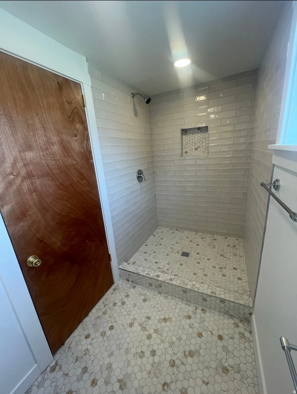 Walk-in shower featuring subway tile walls, a hexagonal tile floor, and a recessed shower niche with mosaic tile